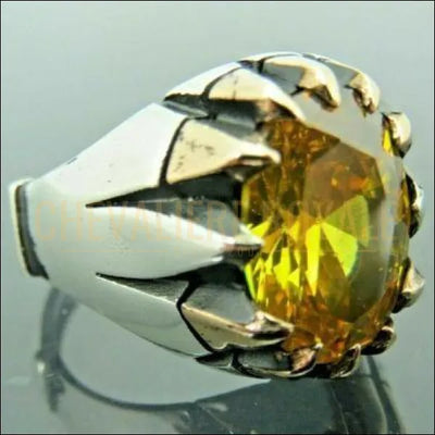 Chevalière homme argent artisanale jolie pierre citrine jaune 