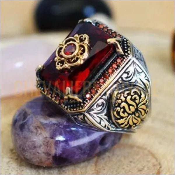 Chevaliere homme argent artisanale avec la pierre rubis rouge 52 mm