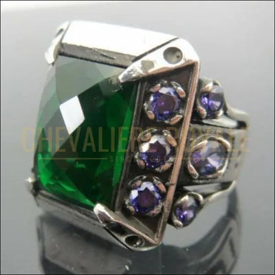 Chevalière homme argent artisanale pierre émeraude amethyst