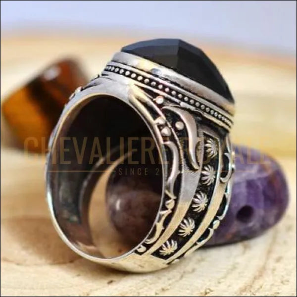 Chevaliere hommes en argent artisanale pierre onyx la bonne fortune