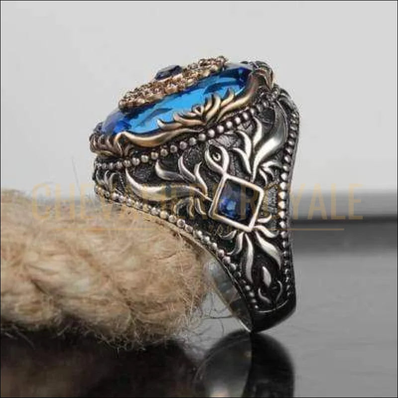 Chevaliere homme argent artisanale pierre precieuse topaze bleue