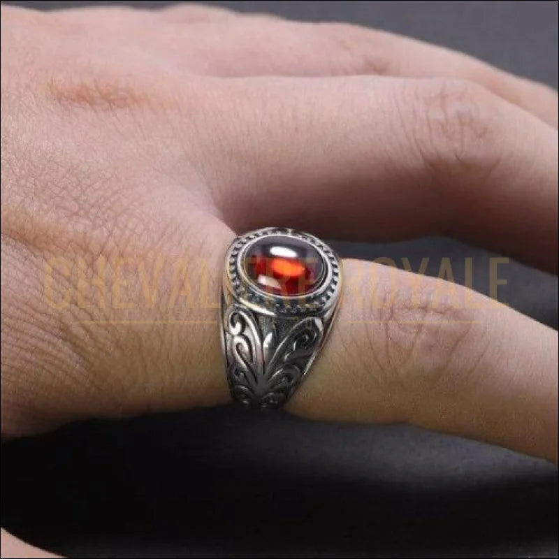 Chevaliere homme argent avec la pierre grenat et onyx 67 Black