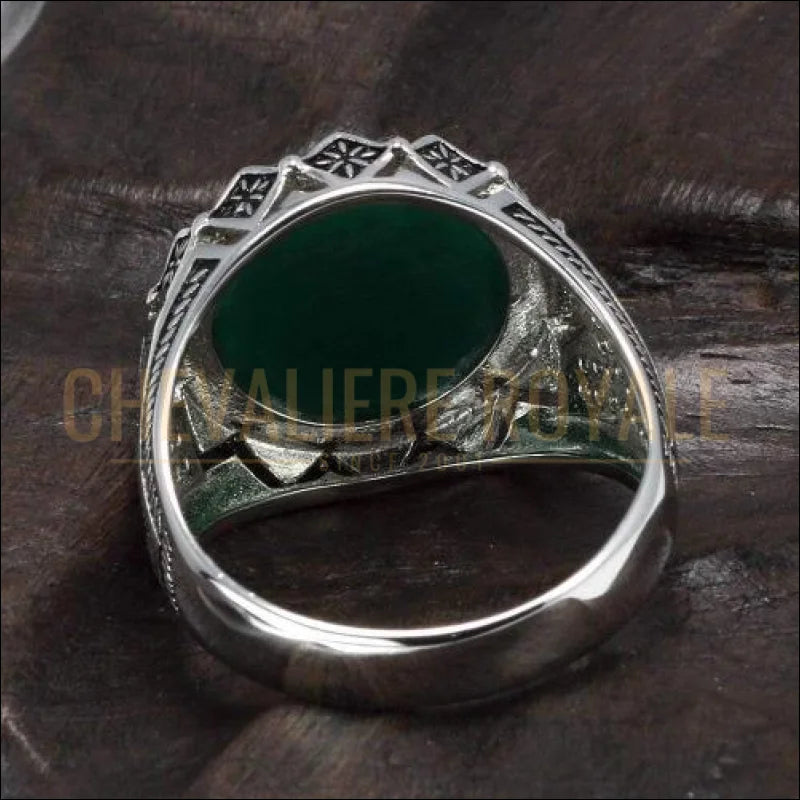 Chevaliere royale homme argent avec pierre agate couleur  verte sterling pas cher