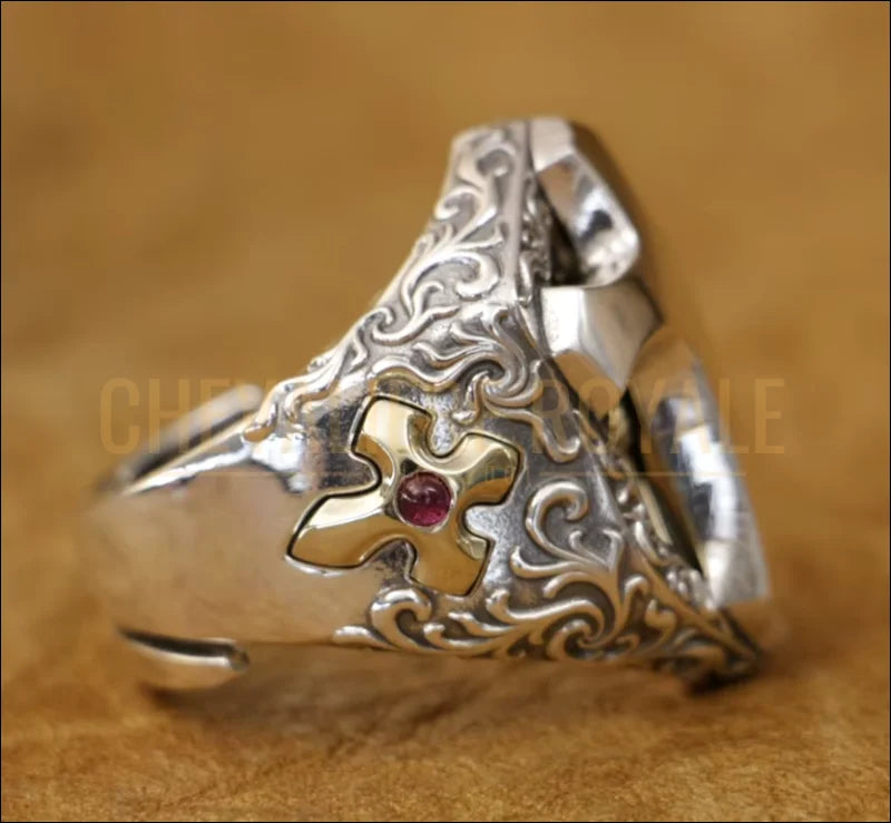 Chevalière homme argent – bague croix & bouclier spirituel