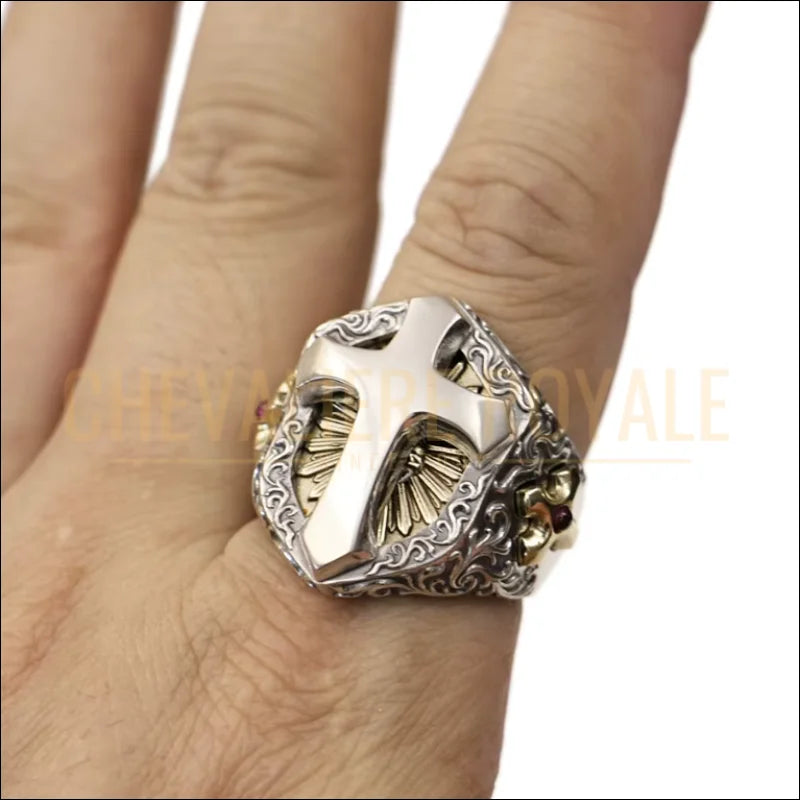 Chevalière homme argent – bague croix & bouclier spirituel