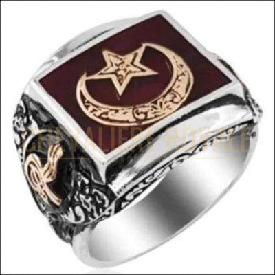 Chevalière homme argent croisant de lune doré pierre ambre - Chevalière Royale 