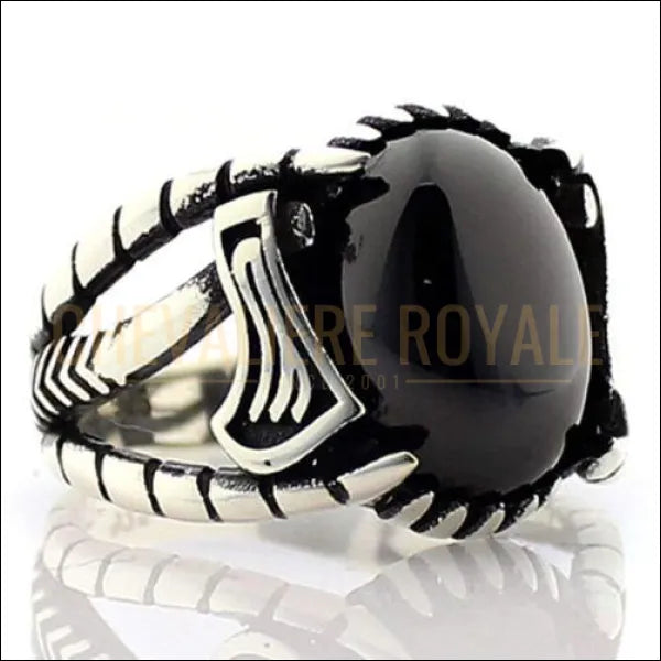 Chevaliere Royale homme argent design viking serti d'une pierre d'onyx noir