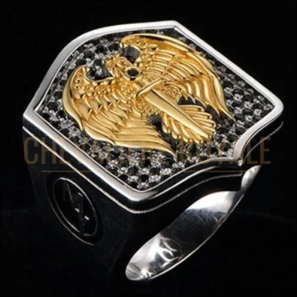 Chevalière homme argent épée aigle royal plaqué or 14K