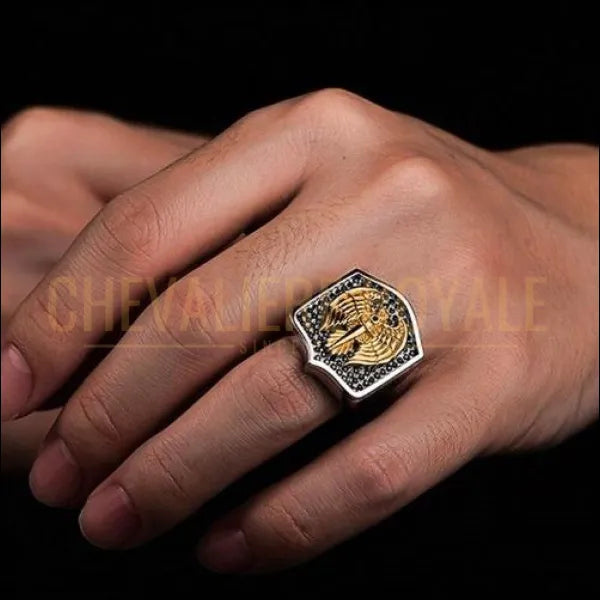 Bague Chevalière hommes en argent épée aigle royal plaqué or 14K