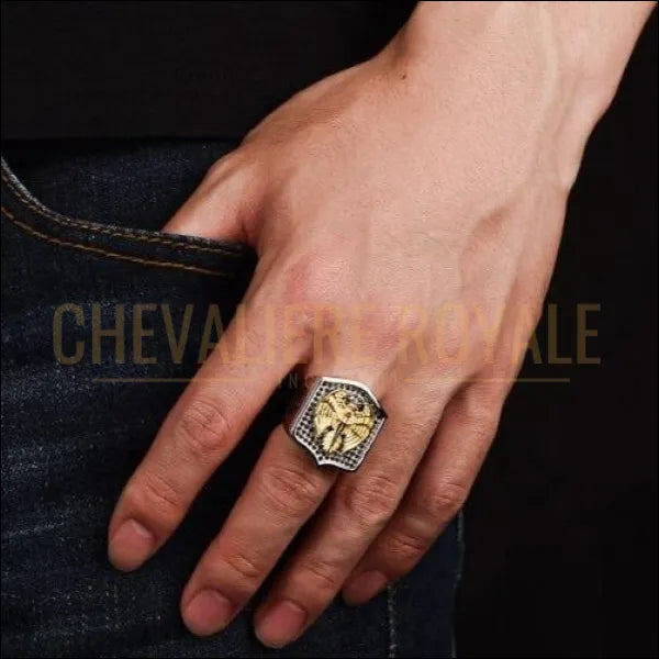 Bague Chevalière homme argent épée aigle royal plaqué or 14 carats