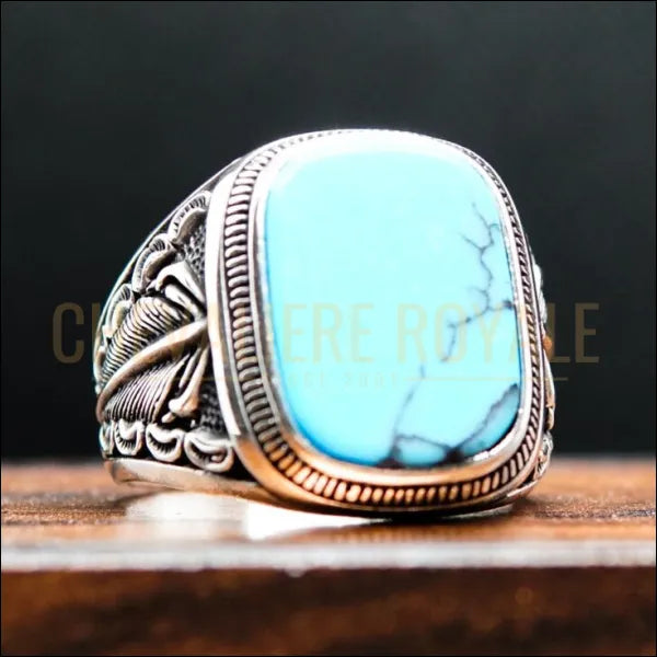 Chevalière homme argent harmonieuse pierre turquoise-1