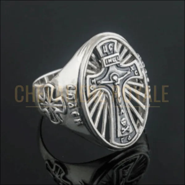 Chevalière pour homme argent Jésus et croix réconciliation avec le monde