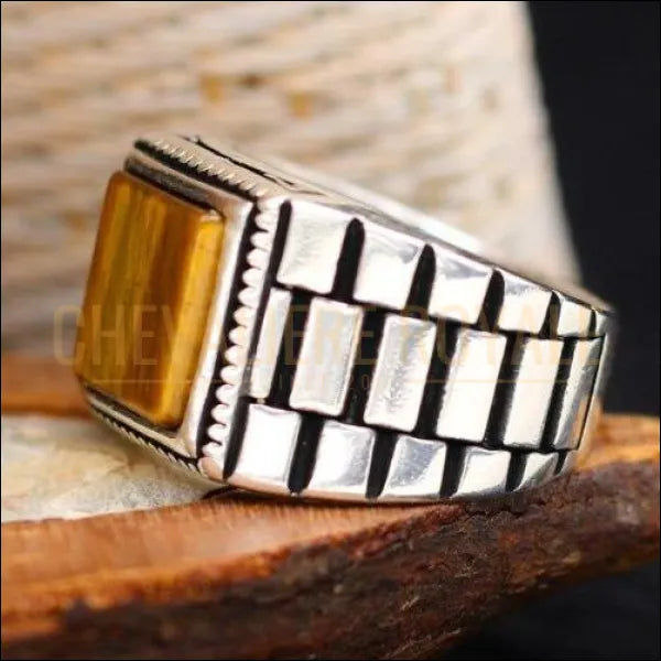 Bague chevalière oeil de tigre en argent sterling - Bijoux artisanaux faits main - France Bague chevalière oeil de tigre en argent sterling - Bijoux artisanaux faits main - France