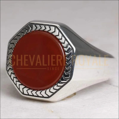 Chevalière homme argent octagon pierre cornaline rouge