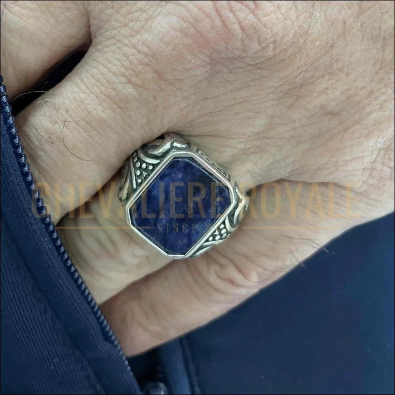Chevalière  Homme Argent Massif Pierre de Sodalite Octogonale-Chevaliere Royale-542
