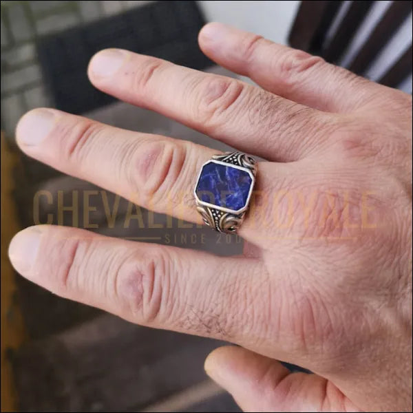 Chevaliere Homme Argent Massif Pierre de Sodalite Octogonale