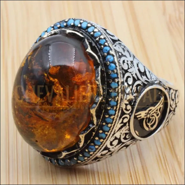 Chevaliere homme argent ottoman entouree de perles de turquoise