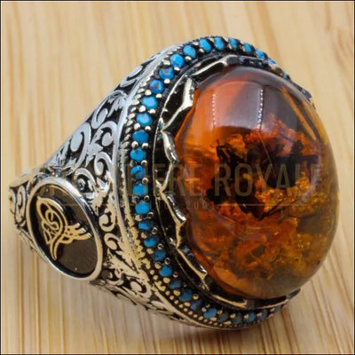 Chevalière homme argent ottoman entourée de perles de turquoise-Chevaliere ROyale - 