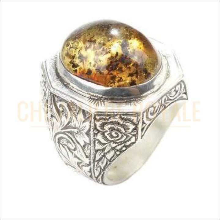 Bague Argent Massif Avec Ambre Baltique – Pierre Marron – Style Cocktail – Occasion
