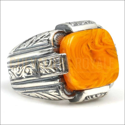 chevaliere-homme-artisanale-ambre-pierre-argent-massif-jaune