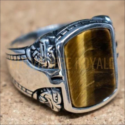 Chevalière homme argent avec pierre opaque angulaire œil de tigre pas cher