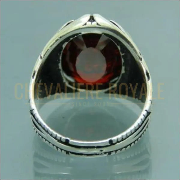Chevalière hommes en argent pierre zircon rouge conception de la fleur
