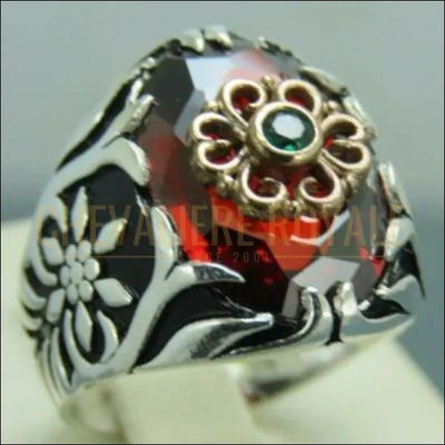Chevalière royale homme argent pierre zircon rouge conception de la fleur
