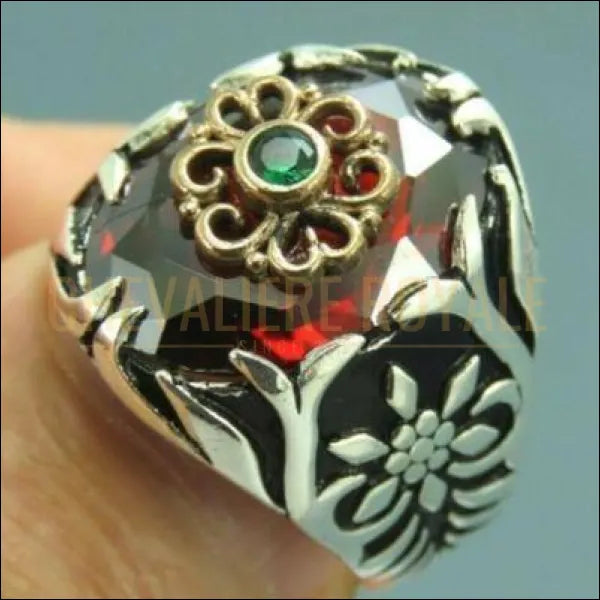 Chevalière pour homme argent pierre zircon rouge conception de la fleur
