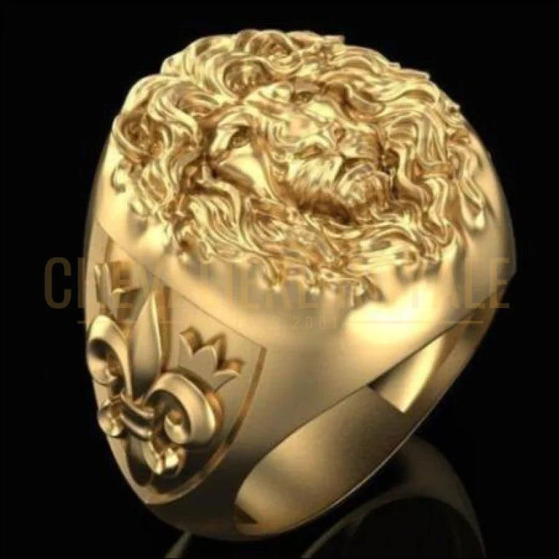 Chevalière homme or 14K artisanale design tête de lion et fleur de lys