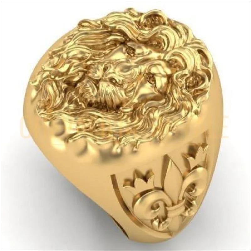 Chevalière homme argent plaqué or 14K tête de lion et fleur de lys