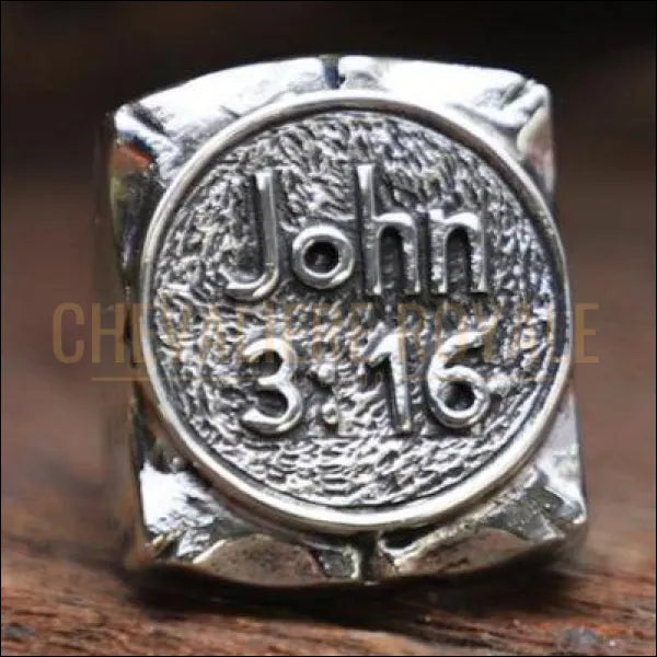 Chevalière royale homme argent religieuse verset de la Bible " John 3:16"
