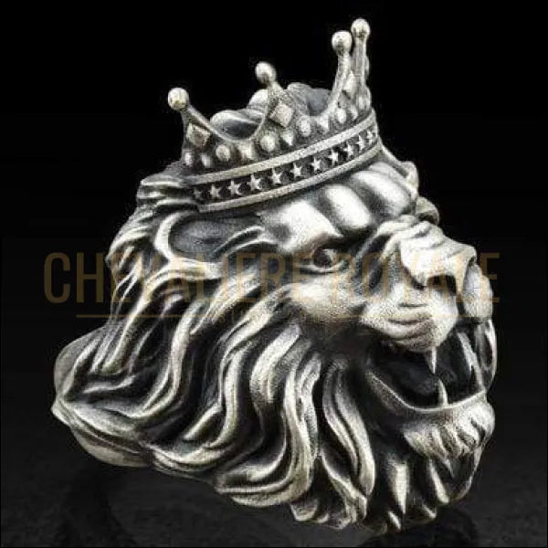 Chevalière homme argent touche masculine tête de lion couronné