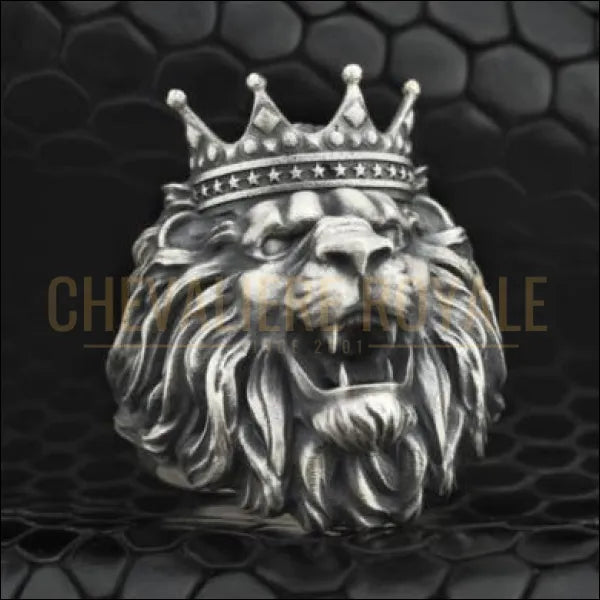 Chevalière homme argent touche masculine tête de lion couronné