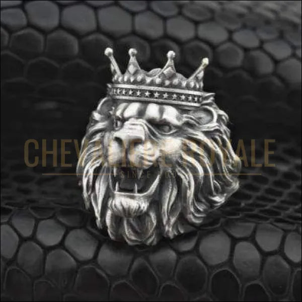 Chevalière homme argent touche masculine tête de lion couronné