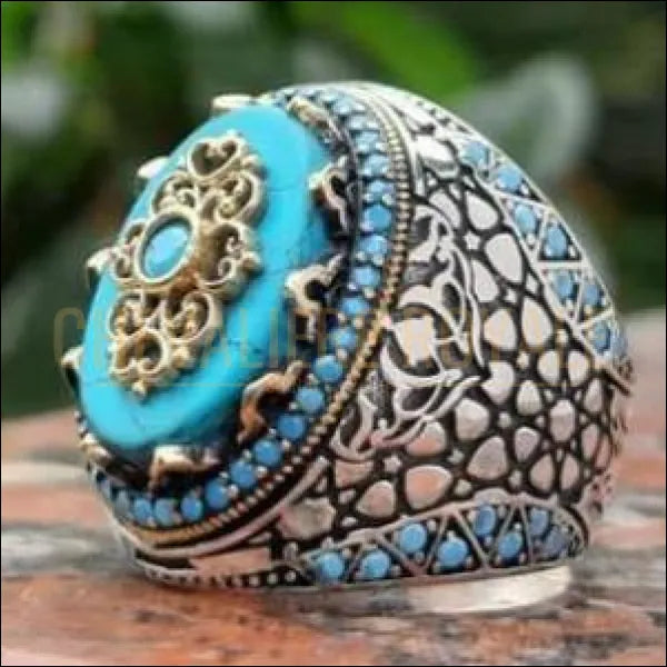 Chevalière homme argent turquoise travaillée de façon artisanale 