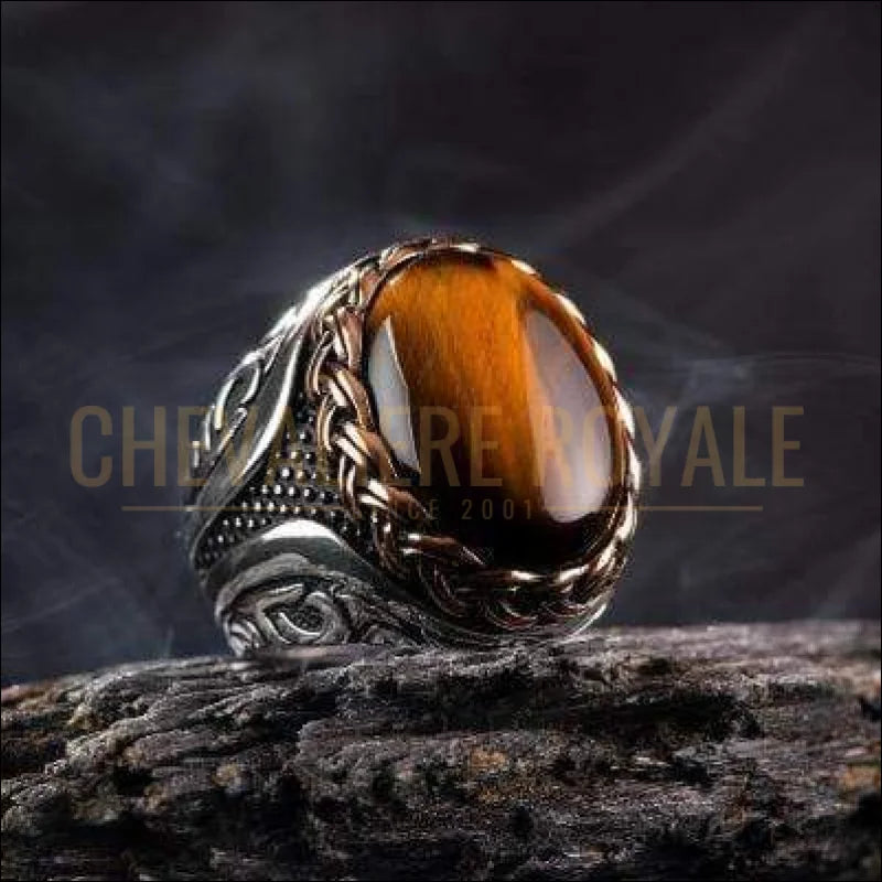 Chevalière pour homme artisanale argent avec pierre d' œil de tigre entouré de chaînes