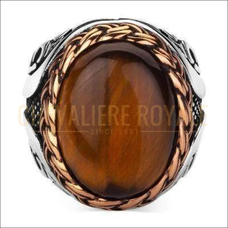 Chevalière pour homme artisanale argent pierre œil de tigre entouré de chaînes