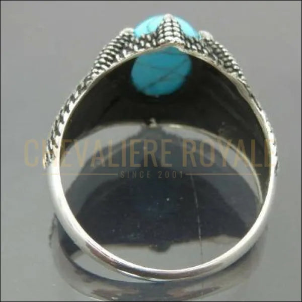 Chevalière homme avec pierre turquoise huit crochés en argent massif style gothique 