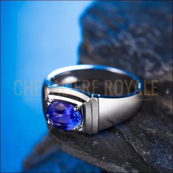 Chevalière Homme de Luxe en Or Blanc avec Tanzanite et Diamant - Chevaliere Royale-Bleue