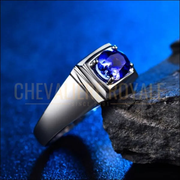 Chevalière Homme de Luxe en Or Blanc avec Tanzanite Diamant -Chevaliere Royale-