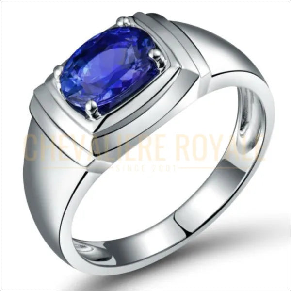 Chevalière Homme de Luxe en Or Blanc avec Tanzanite et Diamant - Chevaliere Royale-