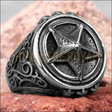 Chevalière homme en acier avec symbole pentagramme de la foi