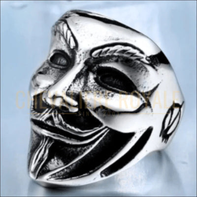 Chevalière homme en acier en forme de Masque de Guy Fawkes