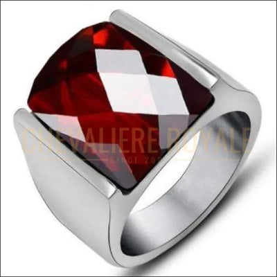 Chevaliere Royale - Bague homme en acier la pierre hexagonal de quartz métaphysique rouge 