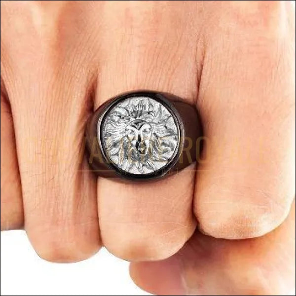 Chevalière Royale pour homme bague  en noir et argent acier lion soleil la justice et le pouvoir 