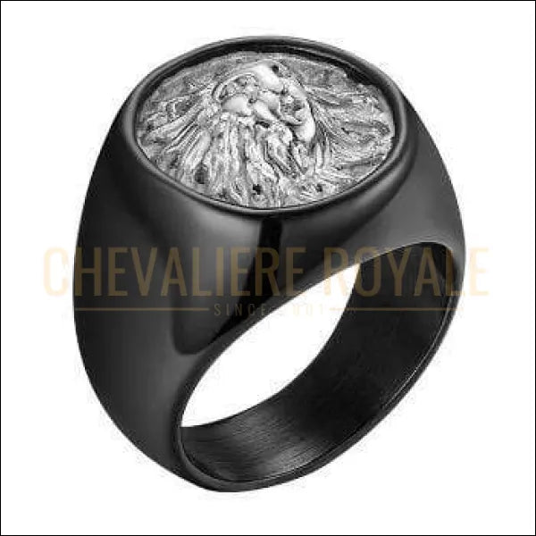 Chevalière Royale pour homme bague  en acier lion soleil la justice et le pouvoir  noir