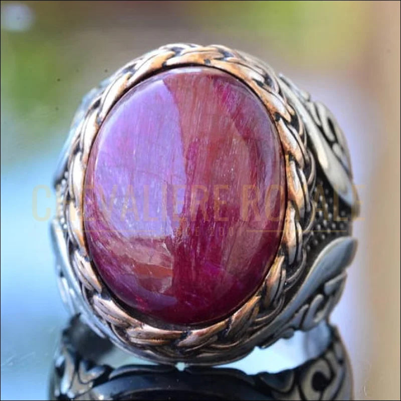 Chevalière homme en argent avec pierre naturelle rubis