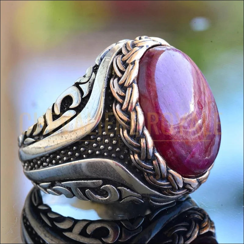 Chevalière homme en argent avec pierre naturelle rubis