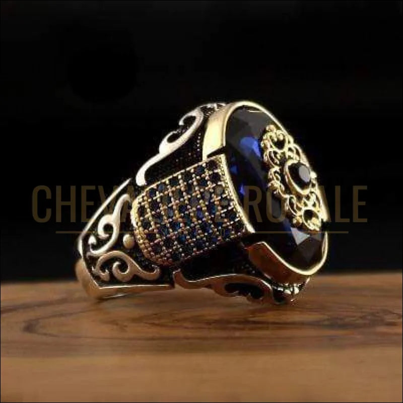 Chevaliere royale homme en argent design ottoman zircon bleu rouge et vert couleur
