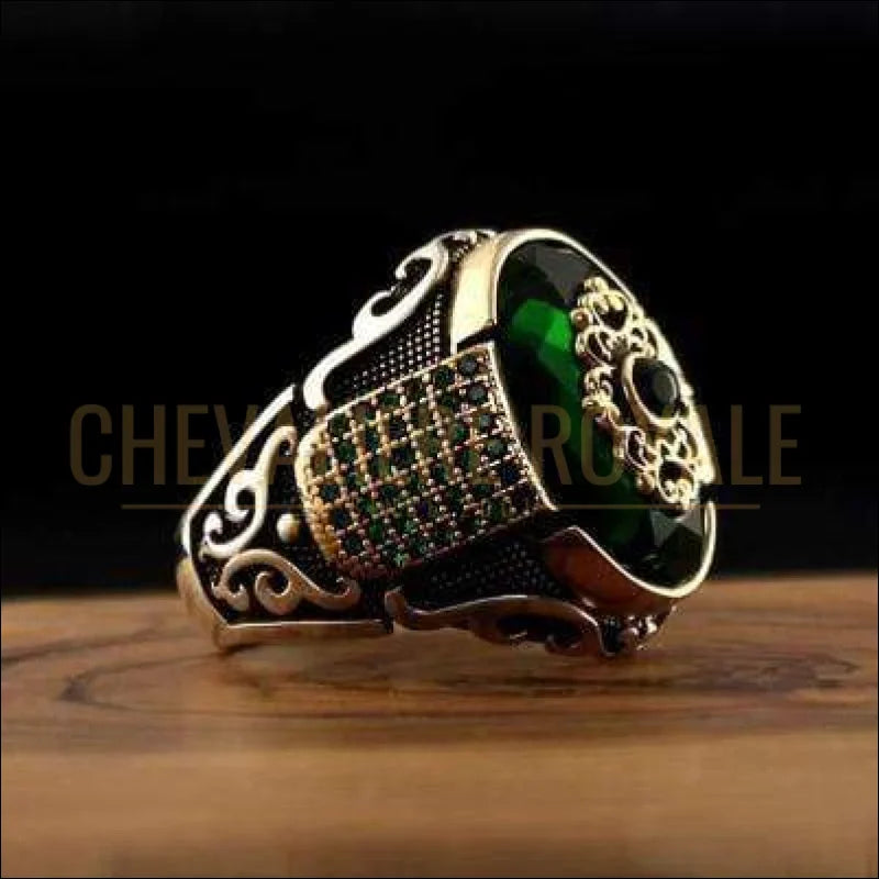 Chevaliere royale vert homme en argent design ottoman zircon bleu rouge et vert